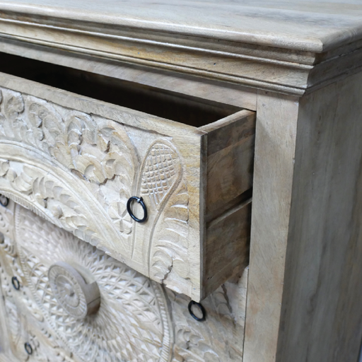 Stylish four-drawer chest featuring ornate carving and black metal ring handles, dimensions 110cm H × 90cm W × 41cm D, weight 41.80kg.