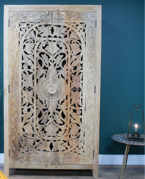 Tall carved wooden cabinet with shelves, H:180cm W:100cm D:40cm, Weight:60.6kg.