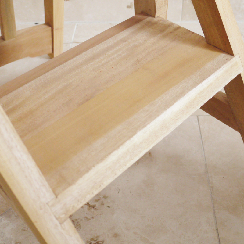 Versatile unfinished wooden furniture piece functioning as a chair or step stool, 89cm high, 44cm wide, depths of 44cm (chair) or 66cm (step), 8kg total.