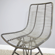 Rustic-modern wire frame dining or accent chair, 86cm tall by 39cm wide by 51cm deep, lightweight at 4.75kg.