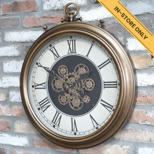 Clock with cogs gold pocket watch. This cog clock has moving clock parts (requires 3X AA batteries, not included), 65cm high, 56cm wide, 8cm deep, weighs 24.70kgs.