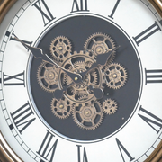 Decorative cog clock inspired by a vintage gold pocket watch, featuring functional moving parts, dimensions 65cm H × 56cm W × 8cm D, weight 24.70kg; powered by 3 AA batteries (not supplied).