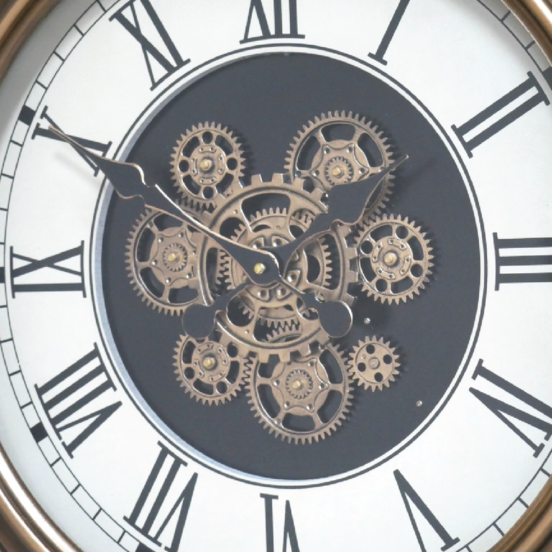 Decorative cog clock inspired by a vintage gold pocket watch, featuring functional moving parts, dimensions 65cm H × 56cm W × 8cm D, weight 24.70kg; powered by 3 AA batteries (not supplied).