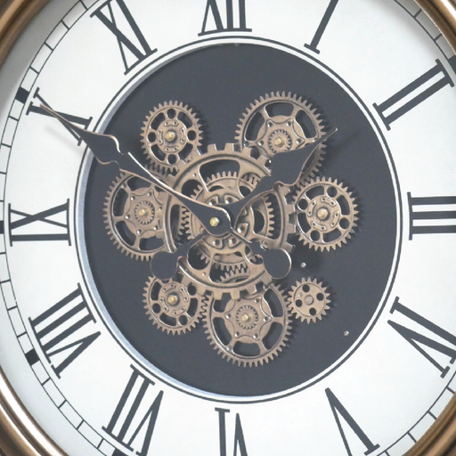 Decorative cog clock inspired by a vintage gold pocket watch, featuring functional moving parts, dimensions 65cm H × 56cm W × 8cm D, weight 24.70kg; powered by 3 AA batteries (not supplied).