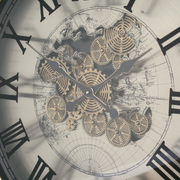 Decorative round clock featuring a white face, bold black Roman numerals, and functional rotating cogs, dimensions 80cm H × 80cm W × 10cm D, weight 10.8kg; powered by 3 AA batteries (not supplied).