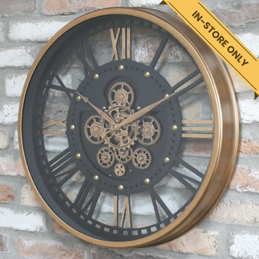 Clock with cogs brass surround see through. This cog clock has moving clock parts (requires 3X AA batteries, not included), 60cm high, 60cm wide, 9cm deep, weighs 4.8kgs.