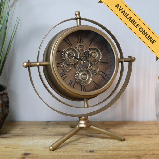 Desktop clock with cogs, gold body and black accents, H:41cm W:36cm D:20cm, Weight:2.4kg.