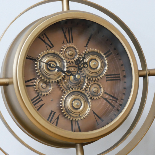 Decorative tabletop clock featuring a gleaming gold finish with contrasting black details and visible mechanical cogs, dimensions 41cm H × 36cm W × 20cm D, weight 2.4kg.