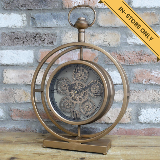 Clock with cogs desktop gold pocketwatch. This cog clock has moving clock parts (requires 3X AA batteries, not included), 45cm high, 30cm wide, 8cm deep, weighs 1.5kgs.