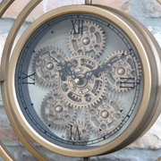 Decorative tabletop cog clock designed as a vintage gold pocket watch, featuring functional moving parts, dimensions 45cm H × 30cm W × 8cm D, weight 1.5kg; powered by 3 AA batteries (not supplied).