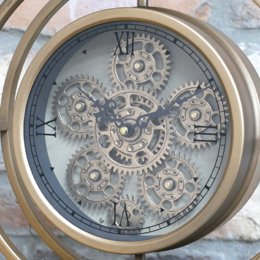 Decorative tabletop cog clock designed as a vintage gold pocket watch, featuring functional moving parts, dimensions 45cm H × 30cm W × 8cm D, weight 1.5kg; powered by 3 AA batteries (not supplied).
