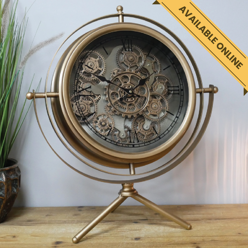 Desktop tripod clock with cogs, gold finish, H:57cm W:48cm D:23cm, Weight:3kg.