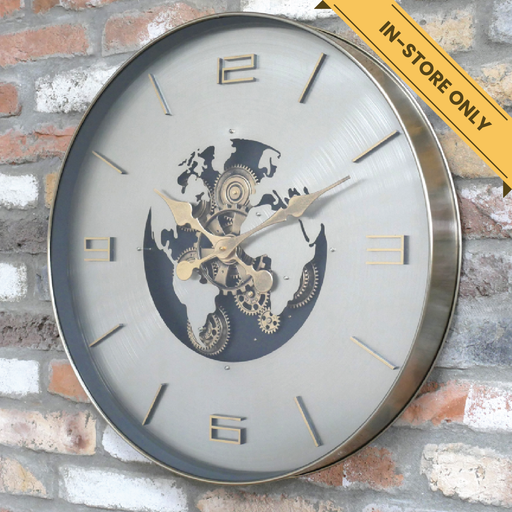 World map wall clock with cogs, silver dial and gold letters, H:60cm W:60cm D:8cm, Weight:5kg.