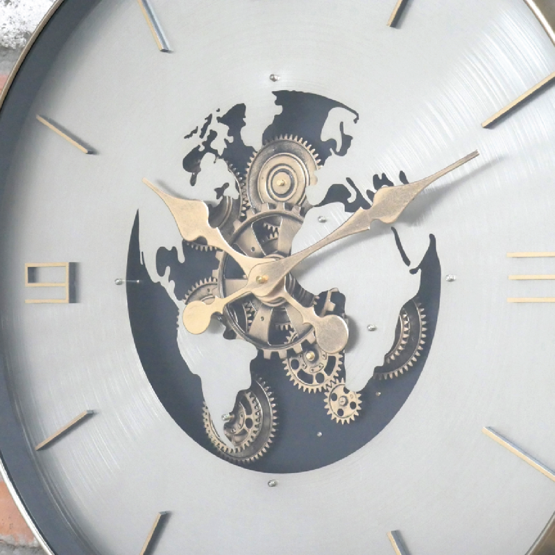 Stylish circular clock showcasing a global map, silver dial with gold text, and mechanical cogs, 60cm in diameter and 8cm deep, 5kg in weight.