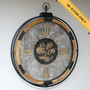 Statement wall clock with cog detail, wood and metal surround, marble backing, H:87cm W:74cm D:9cm, Weight:9kg.