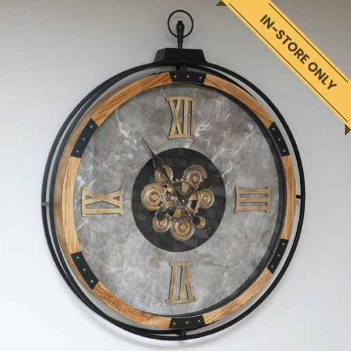 Statement wall clock with cog detail, wood and metal surround, marble backing, H:87cm W:74cm D:9cm, Weight:9kg.