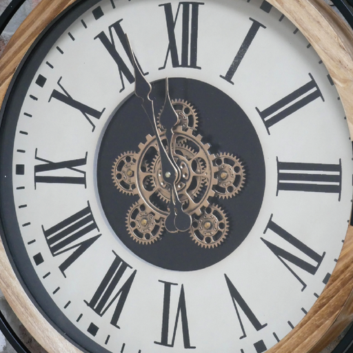 Large wall clock in industrial design featuring metal cogs, wood accents, and a white face, dimensions 74cm H x 60cm W x 9cm D, weight 4.6kg.
