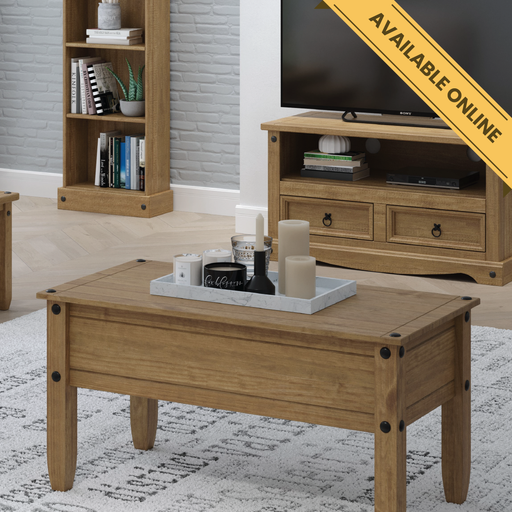 Rustic coffee table with a solid wood top and sturdy legs, 46.6cm high, 107cm wide, 53.8cm deep, weighing 16.5kg, ideal for everyday living.