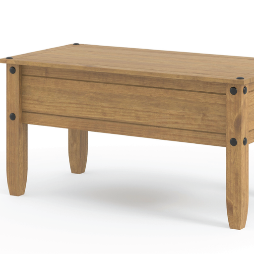 Solid wood coffee table featuring a robust rustic design and durable legs, dimensions 46.6cm H × 107cm W × 53.8cm D, weight 16.5kg.