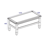 Functional rustic-style coffee table with a thick solid top and stable leg structure, 46.6cm tall by 107cm wide by 53.8cm deep, 16.5kg in weight.