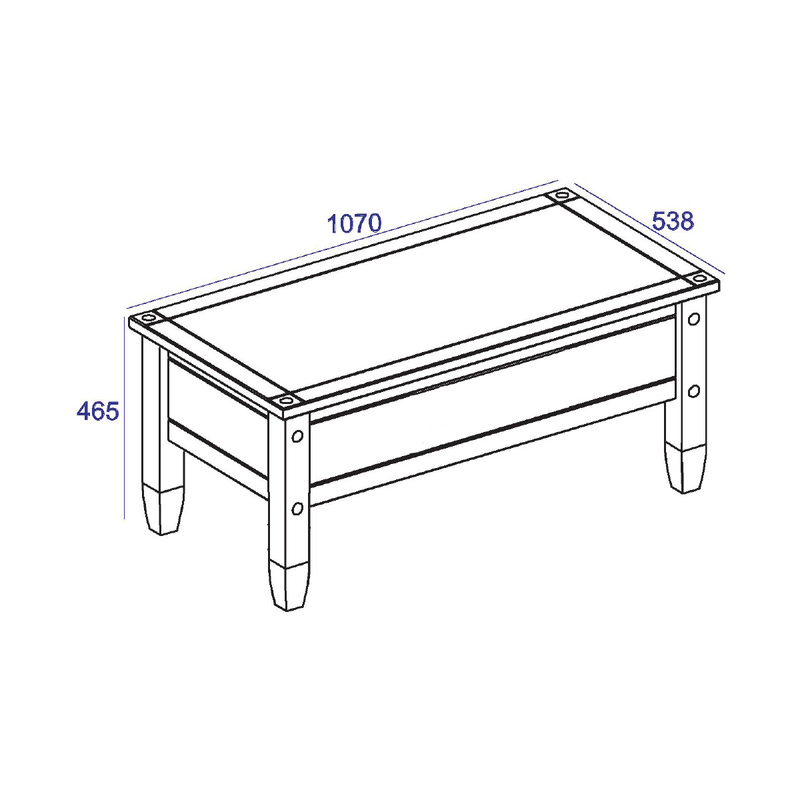 Functional rustic-style coffee table with a thick solid top and stable leg structure, 46.6cm tall by 107cm wide by 53.8cm deep, 16.5kg in weight.