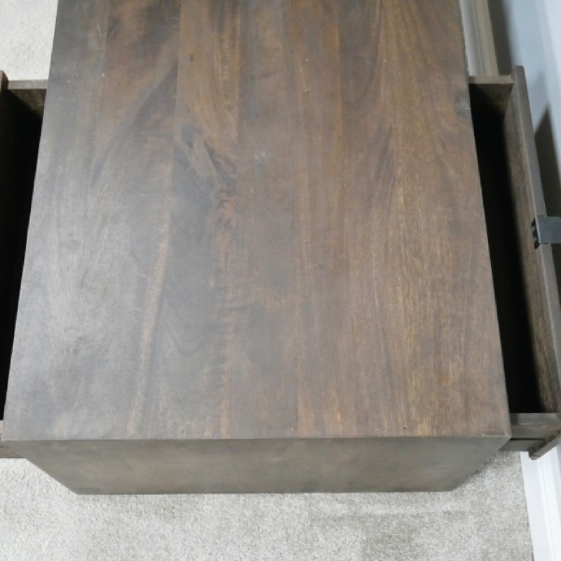 Modern-rustic coffee table in a two-tone design with two functional drawers, 110cm wide by 64cm deep by 40cm high, 32.2kg.