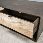 Elegant oblong-shaped coffee table with dual-tone finish and two smooth-gliding drawers, 40cm tall, 110cm wide, 64cm deep, 32.2kg.