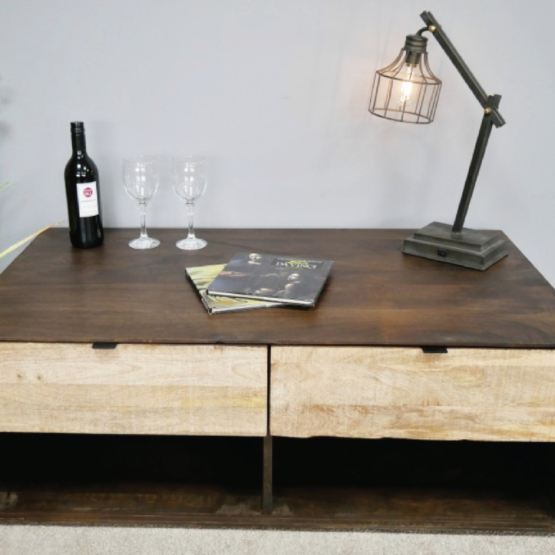 Contemporary two-tone coffee table with an oblong top and two integrated drawers, dimensions 40 × 110 × 64cm, weight 32.2kg.