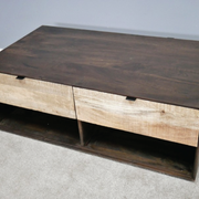 Rustic-inspired oblong coffee table combining two wood tones and practical drawer storage, 32.2kg, size 40cm H x 110cm W x 64cm D.