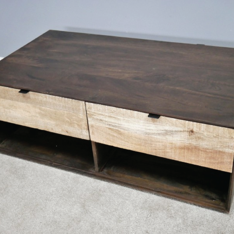 Rustic-inspired oblong coffee table combining two wood tones and practical drawer storage, 32.2kg, size 40cm H x 110cm W x 64cm D.