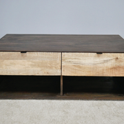 Functional and fashionable two-drawer coffee table in a two-tone oblong design, 110cm wide, 40cm high, 64cm deep, 32.2kg.