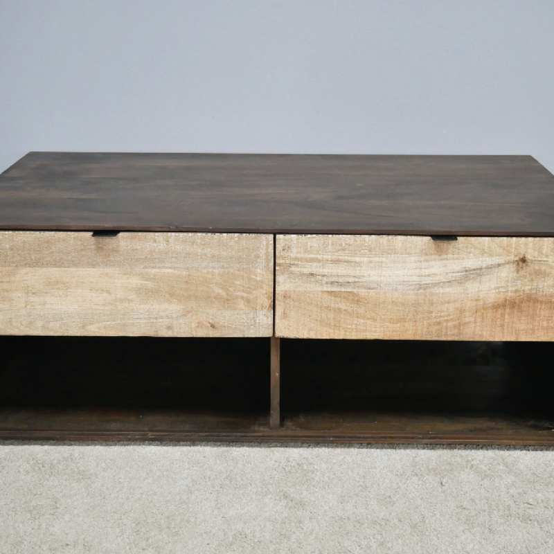 Functional and fashionable two-drawer coffee table in a two-tone oblong design, 110cm wide, 40cm high, 64cm deep, 32.2kg.