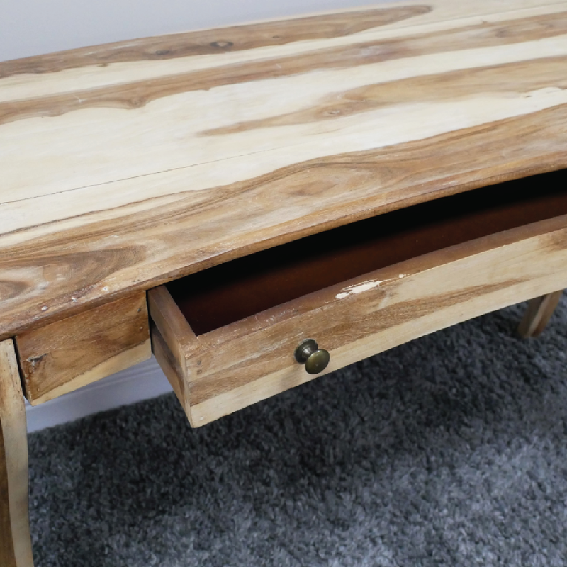 Stylish solid teak writing desk featuring a single drawer and sculpted curved legs, dimensions 77cm H × 127cm W × 61cm D, weight 26.45kg.