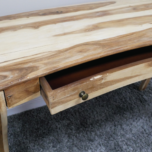 Stylish solid teak writing desk featuring a single drawer and sculpted curved legs, dimensions 77cm H × 127cm W × 61cm D, weight 26.45kg.