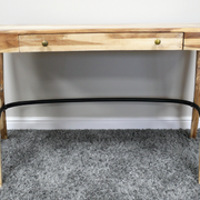 Elegant teak desk with organic curved legs and one functional drawer, 127cm wide by 61cm deep by 77cm high, 26.45kg in weight.