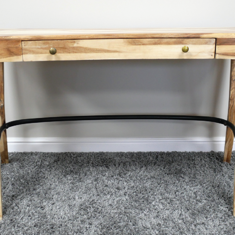 Elegant teak desk with organic curved legs and one functional drawer, 127cm wide by 61cm deep by 77cm high, 26.45kg in weight.