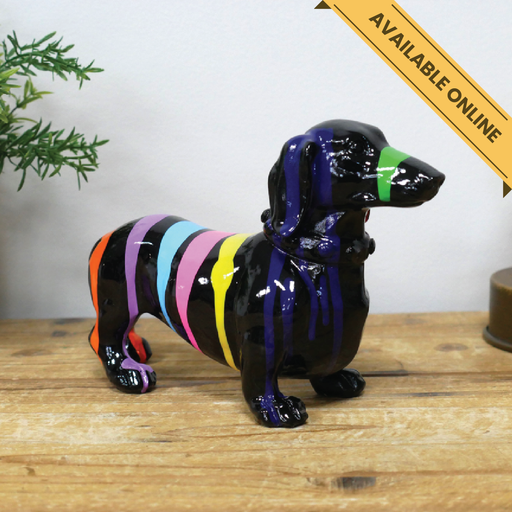 Dog with stripes ornament. A unique and stylish piece, perfect for modern or rustic interiors, 13cm high, 20cm wide, 7cm deep, weighs 0.30kgs.