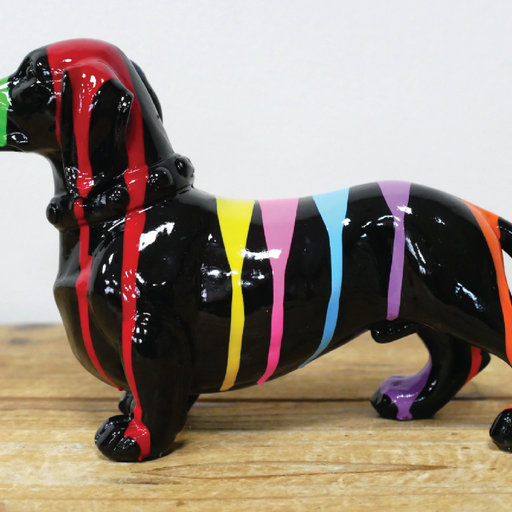 Stylish figurine of a dog with bold stripe patterns, dimensions 13cm H × 20cm W × 7cm D, weight 0.30kg.