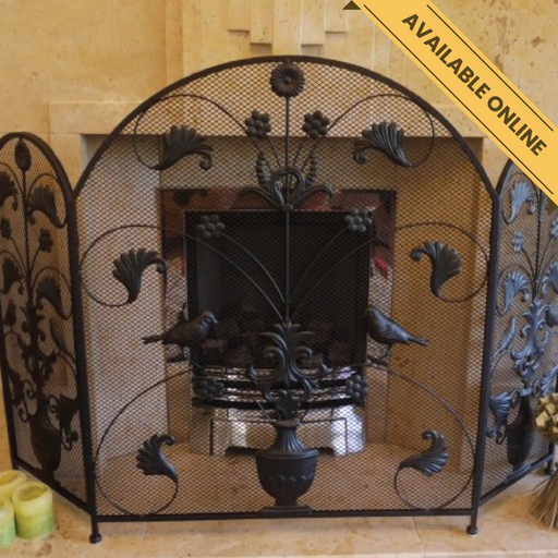 Ornate fire screen with bird motif, H:86cm W:130cm, Weight:5.5kg.