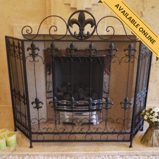 Ornate metal fire screen with fleur-de-lis design, H:86cm W:120cm, Weight:5.25kg.