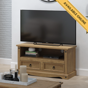 Low and wide flat screen TV unit with a mix of open shelves and drawers for media storage, 51cm high, 95cm wide, 43cm deep, weighing 18kg.