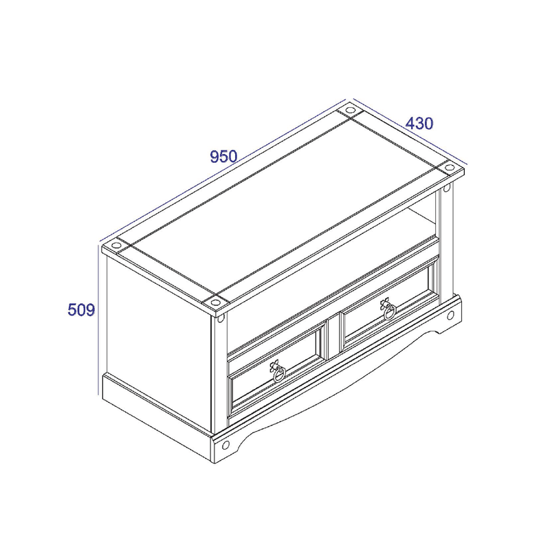 Low-profile media console offering reliable support for TVs and convenient storage for devices or media; measures 51cm tall, 95cm wide, and 43cm deep; total weight 18kg.