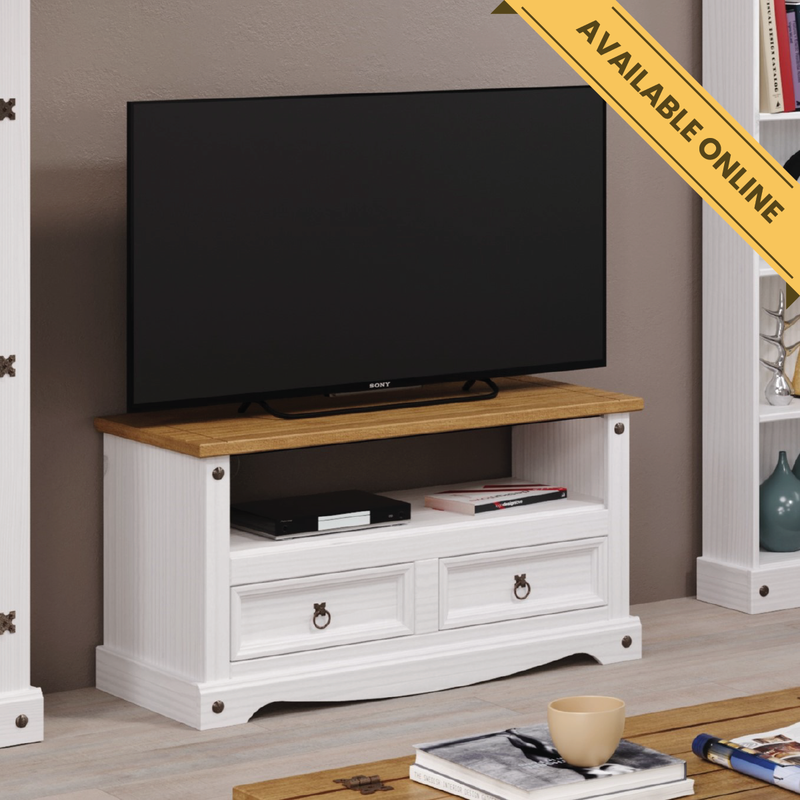 Wide media console with generous surface space for a TV and open shelves below for storage; height 51cm, width 95cm, depth 43cm; weight 18kg.