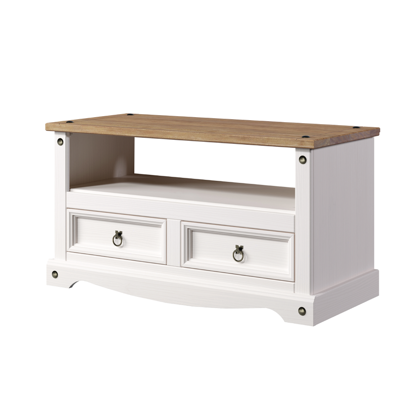 Low-profile TV stand featuring a broad top for flat-screen mounting and practical shelving underneath; dimensions: 51cm H × 95cm W × 43cm D; weighs 18 kilograms.