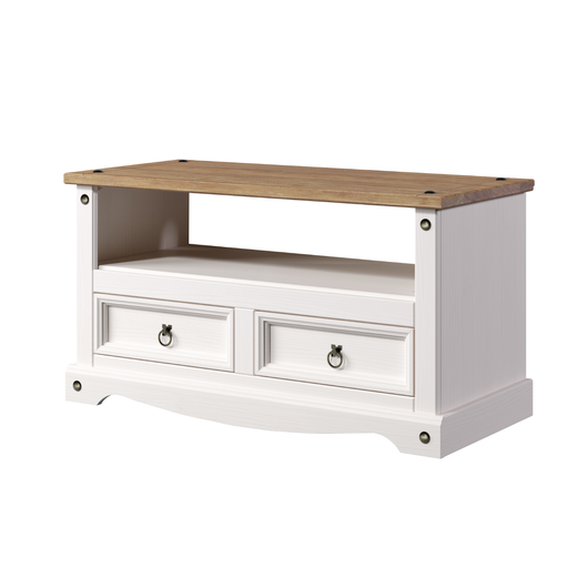 Low-profile TV stand featuring a broad top for flat-screen mounting and practical shelving underneath; dimensions: 51cm H × 95cm W × 43cm D; weighs 18 kilograms.