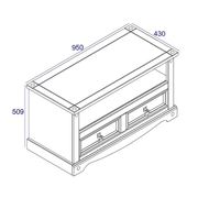 Spacious entertainment unit designed to hold a television and media accessories, with open storage compartments below; measures 51cm tall, 95cm wide, and 43cm deep; total weight 18kg.