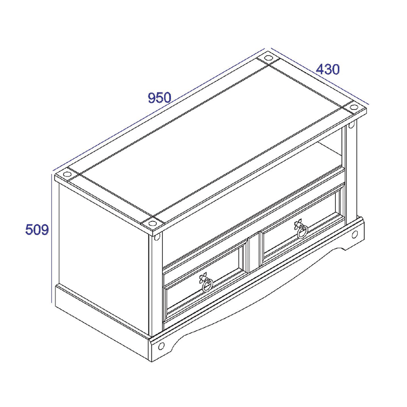 Spacious entertainment unit designed to hold a television and media accessories, with open storage compartments below; measures 51cm tall, 95cm wide, and 43cm deep; total weight 18kg.