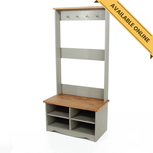 All-in-one hallway bench featuring a seat, coat hooks, and shoe storage for practical daily use; height 170cm, width 80cm, depth 44cm; weight 25kg.