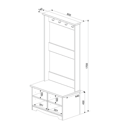 Functional entryway unit combining a sturdy shoe bench, overhead hat and coat rack, and concealed storage; dimensions: 170cm H × 80cm W × 44cm D; weighs 25 kilograms.