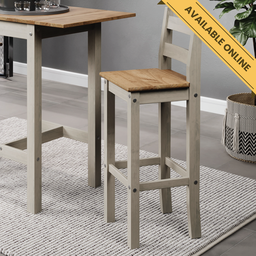 Pair of tall bar chairs with a natural wood finish, designed for comfort at breakfast bars or kitchen islands; height 107cm, width 38cm, depth 39.8cm; total weight 13kg.